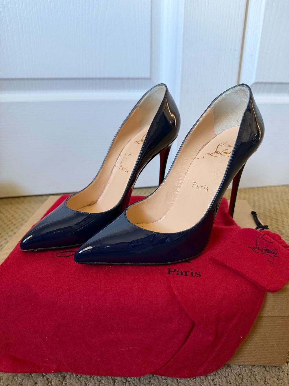 Christian Louboutin Navy Patent Pigalle Follies 100 with Red Soles
